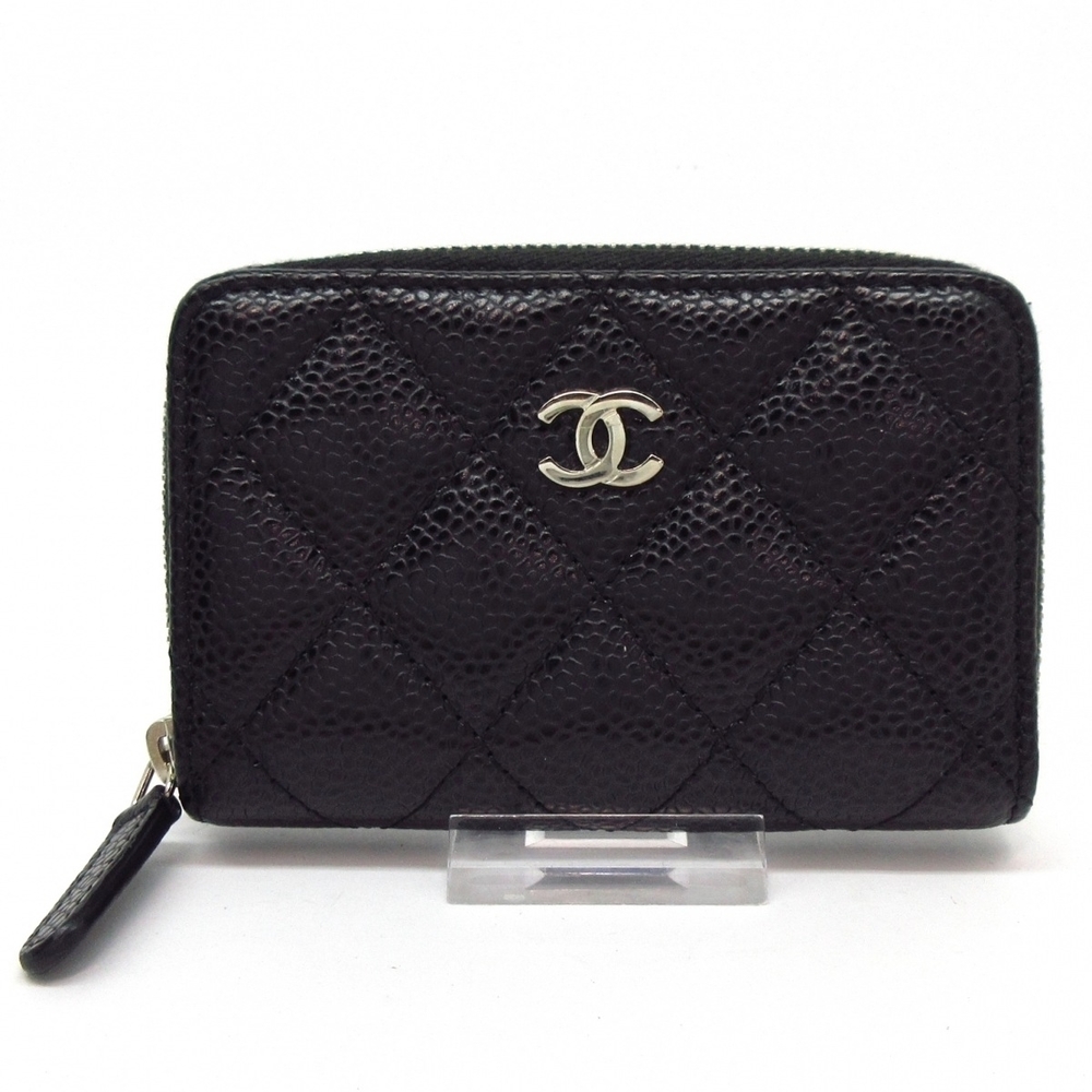 Chanel Classic Zip Coin Purse Matelasse Coin Case Caviar Skin Black Silver